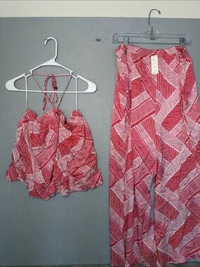 Anthropologie Maeve Red & White Geometric Wide-Leg 2 piece set NWT